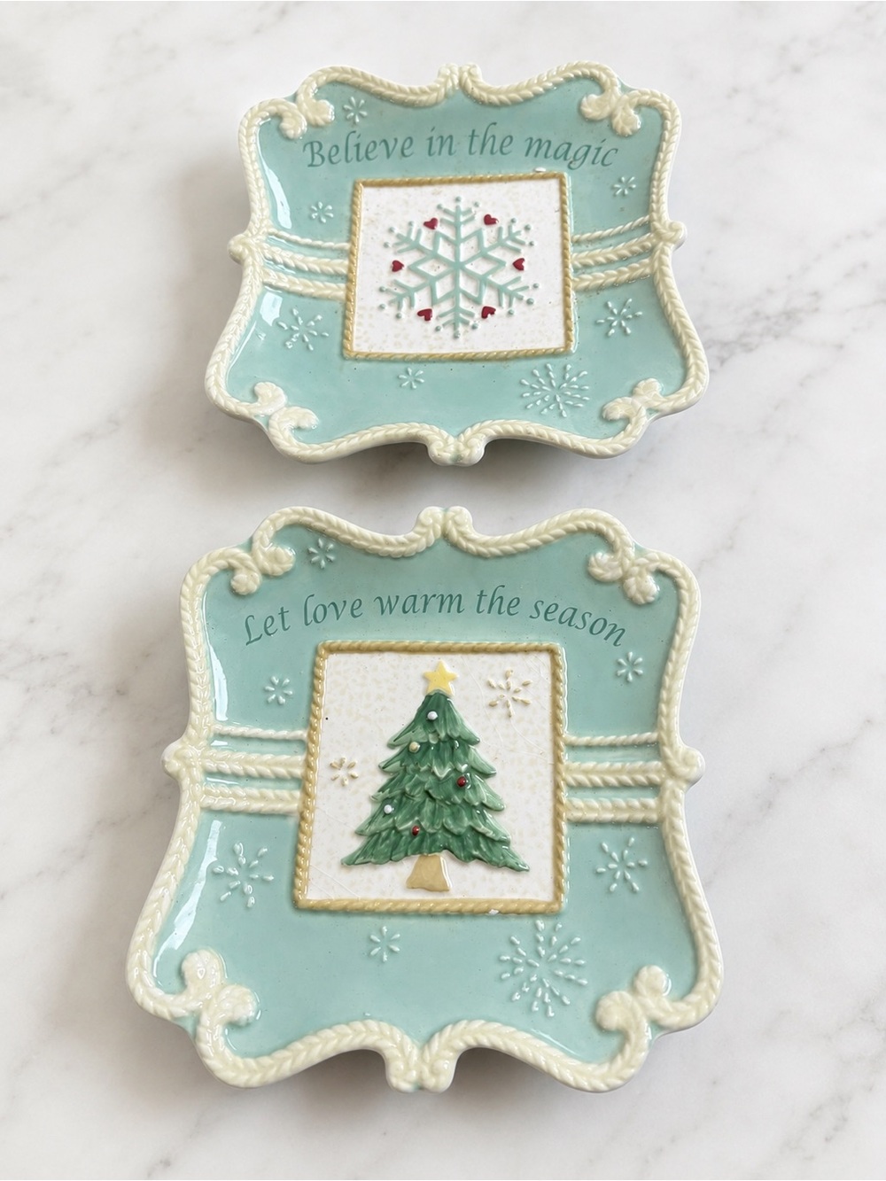 Bella Casa Ganz Christmas Ceramic Plates Set of 2 Snowflake Tree Holiday Decor
